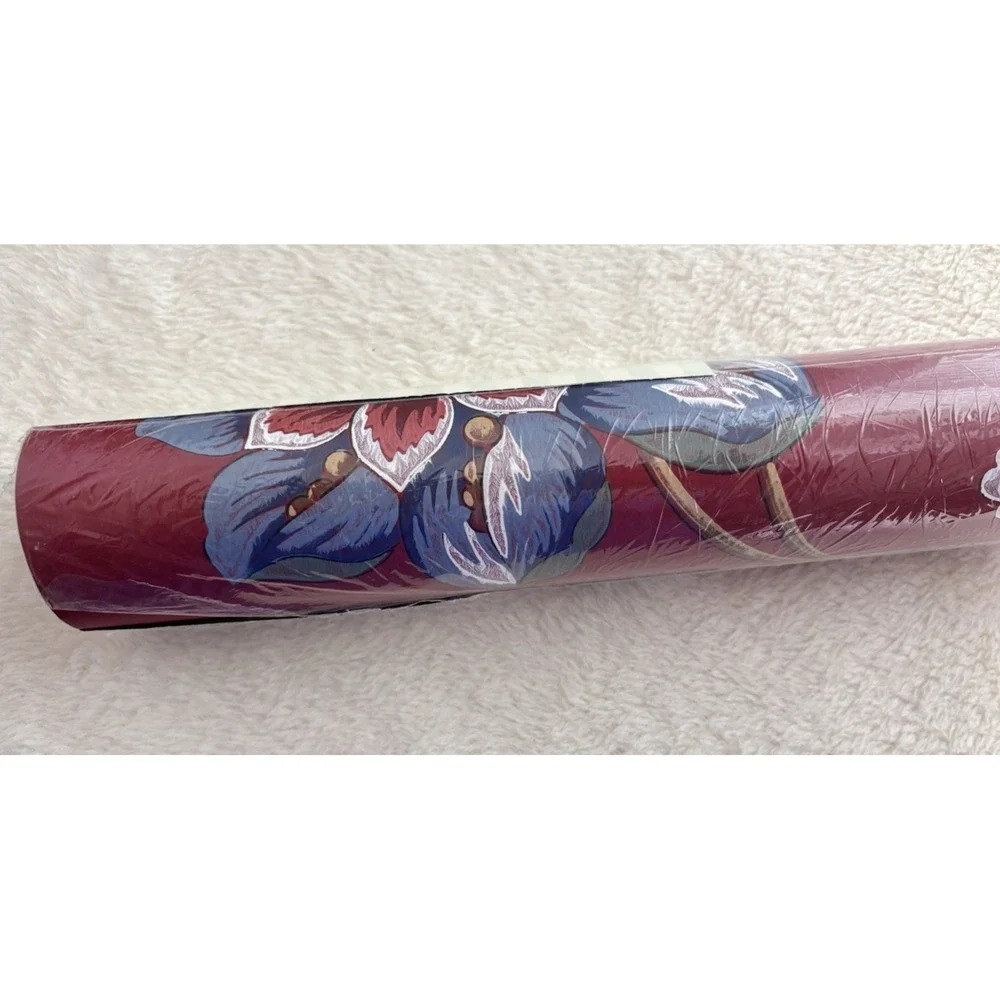 Vintage NOS Waverly Wallpaper Roll Burgundy Blue Floral Double Roll 60.75 Sq Ft